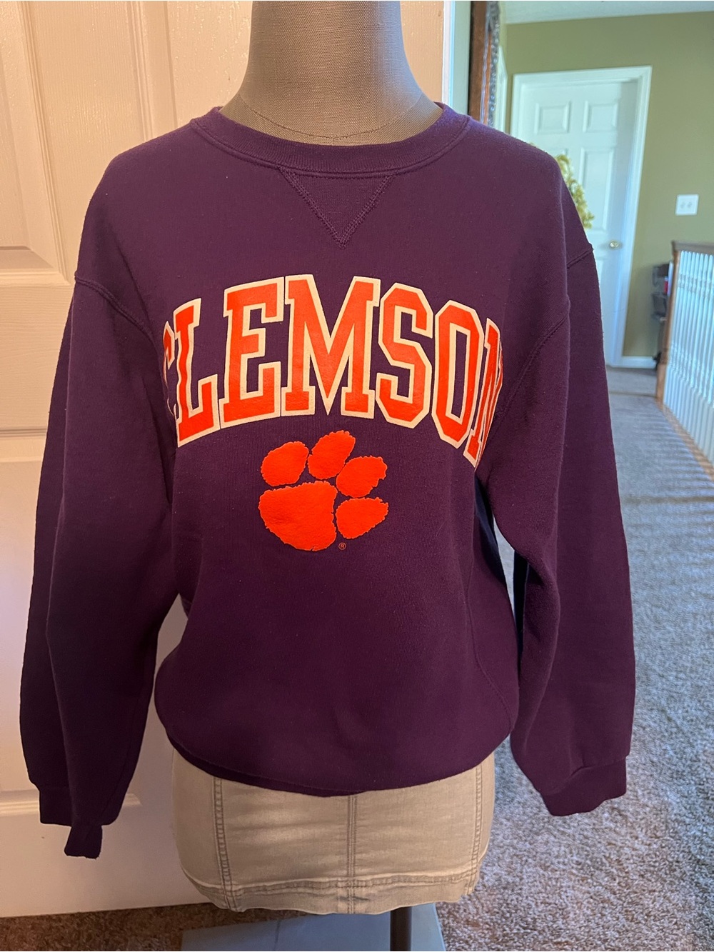 Clemson Russell Athletic Purple Crewneck with Orange Paw and Lettering